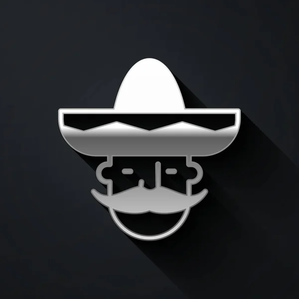 Silberner Mexikanischer Mann Mit Sombrero Ikone Auf Schwarzem Hintergrund Hispanischer — Stockvektor