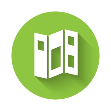 Beyaz Müze rehber broşürü uzun gölgeli izole edilmiş. Sergi rehberi. Broşür, broşür, broşür. Yeşil daire düğmesi. Vektör.