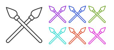 Siyah çizgi, beyaz arka planda izole edilmiş ortaçağ mızrakları ikonu. Ortaçağ silahı. Simgeleri renklendirin. Vektör.