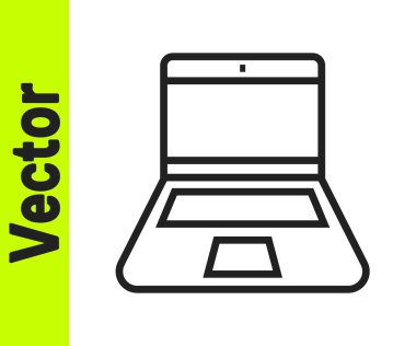 Siyah çizgi dizüstü bilgisayar simgesi beyaz arkaplanda izole edildi. Boş ekran işaretli bilgisayar defteri. Vektör.