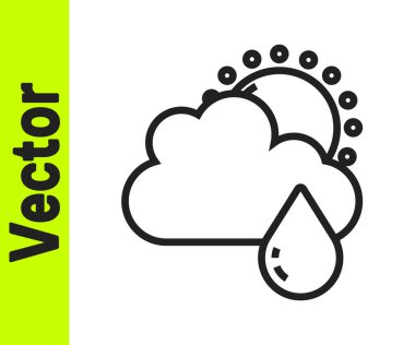 Beyaz zemin üzerinde yağmur ve güneş ikonu olan siyah çizgi bulutu. Yağmur damlaları ile yağmur bulutu yağışı. Vektör.