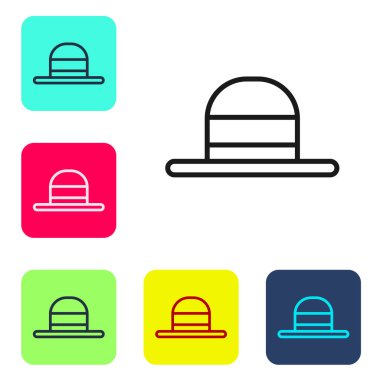 Siyah çizgi, beyaz arka planda izole edilmiş zarif kadın şapka ikonu. Renkli kare düğmelerle simgeleri ayarla. Vektör.