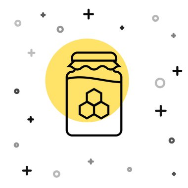 Beyaz arkaplanda siyah çizgi bal ikonu var. Yiyecek bankası. Tatlı doğal gıda sembolü. Rastgele dinamik şekiller. Vektör.