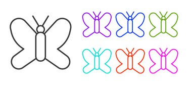 Siyah çizgi Kelebek simgesi beyaz arkaplanda izole edildi. Simgeleri renklendirin. Vektör.