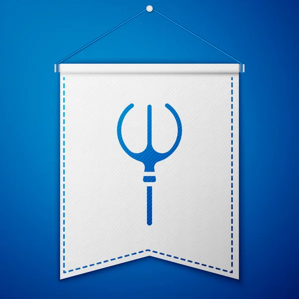 Icona Blu Neptune Trident Isolata Sfondo Blu Modello Pennant Bianco — Vettoriale Stock