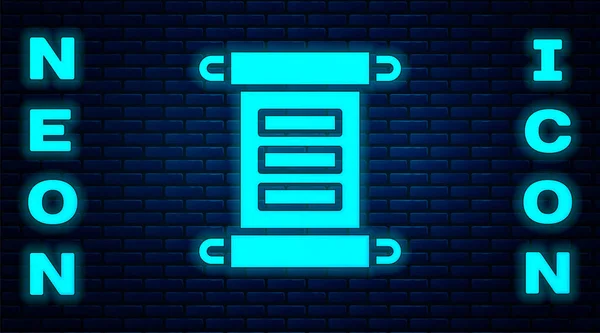 Gloeiende Neon Decreet Papier Perkament Scroll Pictogram Geïsoleerd Baksteen Muur — Stockvector