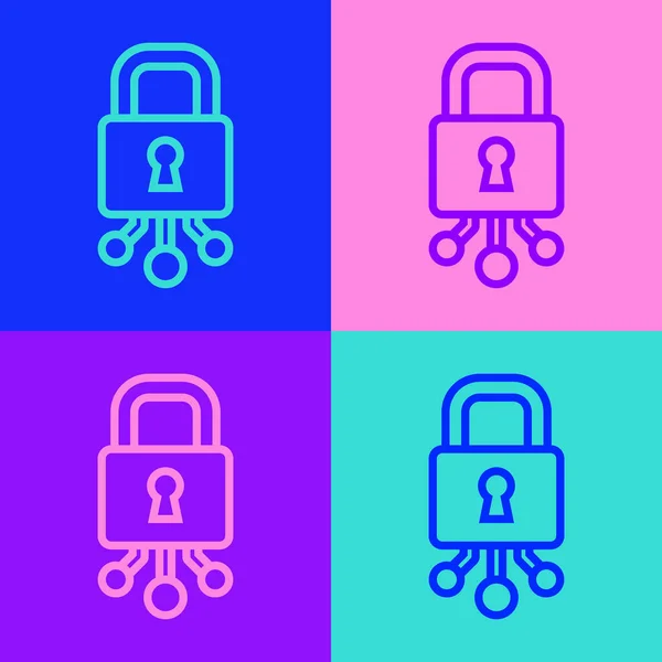 Pop Art Line Cyber Security Ikona Izolované Barevném Pozadí Uzavřený — Stockový vektor