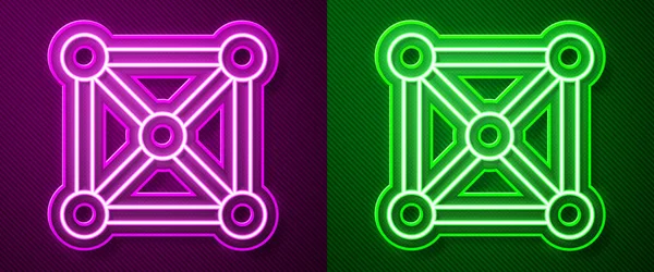 Zářící Neonová Linka Blockchain Technologie Ikona Izolované Fialovém Zeleném Pozadí — Stockový vektor