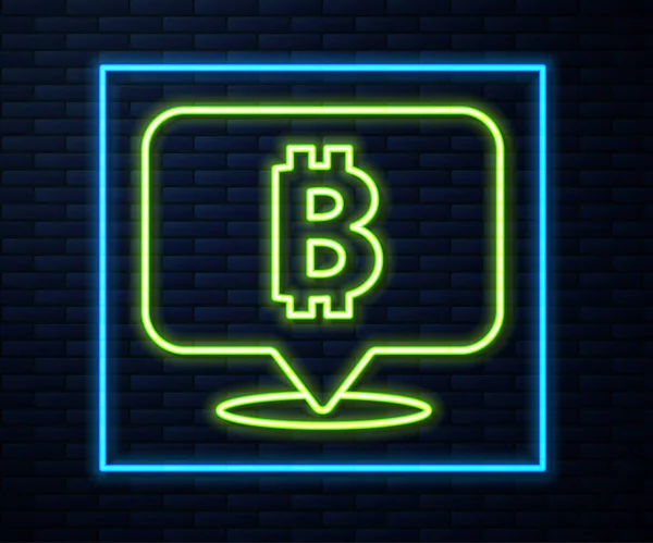 Linea Neon Luminoso Cryptocurrency Moneta Icona Bitcoin Isolato Sfondo Muro — Vettoriale Stock