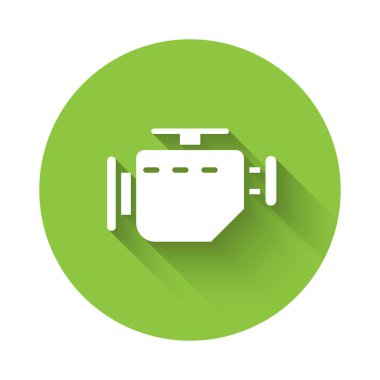 Beyaz Kontrol motor simgesi uzun gölgede izole edildi. Yeşil daire düğmesi. Vektör İllüstrasyonu.