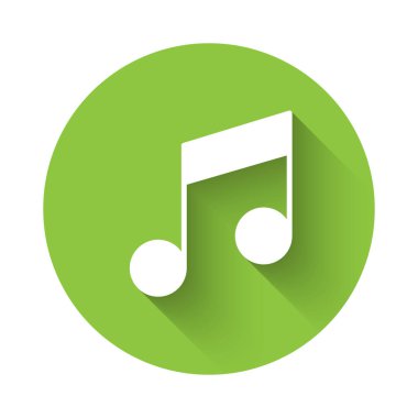 Beyaz müzik notası, ton simgesi uzun gölgeli. Yeşil daire düğmesi. Vektör İllüstrasyonu.