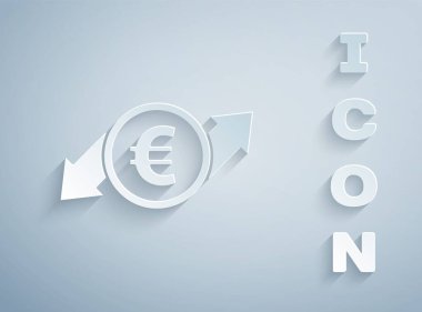Kağıt kesiği Finansal büyüme ve Avro madeni para ikonu gri arka planda izole edilmiş. Gelirleri arttırıyorum. Kağıt sanatı tarzı. Vektör İllüstrasyonu.