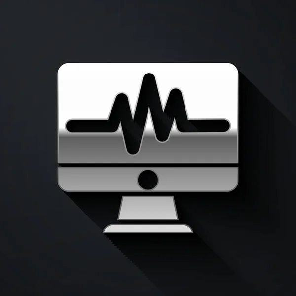 Silver Computer Monitor Met Cardiogram Icoon Geïsoleerd Zwarte Achtergrond Monitoring — Stockvector