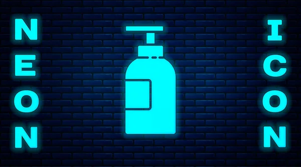 Gloeiende Neon Hand Ontsmettingsmiddel Fles Pictogram Geïsoleerd Baksteen Muur Achtergrond — Stockvector