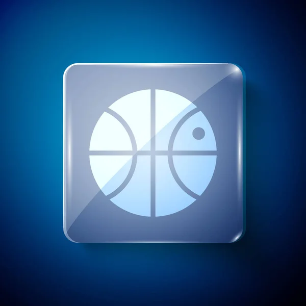 青い背景に白いバスケットボールのアイコンが隔離されています スポーツシンボル 正方形のガラスパネル ベクターイラスト — ストックベクタ