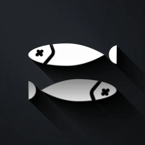 Icono Pescado Seco Plata Aislado Sobre Fondo Negro Estilo Sombra — Vector de stock