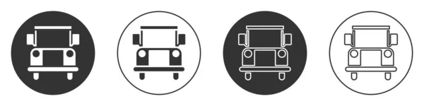 黒いスクールバスのアイコンは白い背景に隔離されています 公共交通機関のシンボル 丸ボタン ベクターイラスト — ストックベクタ