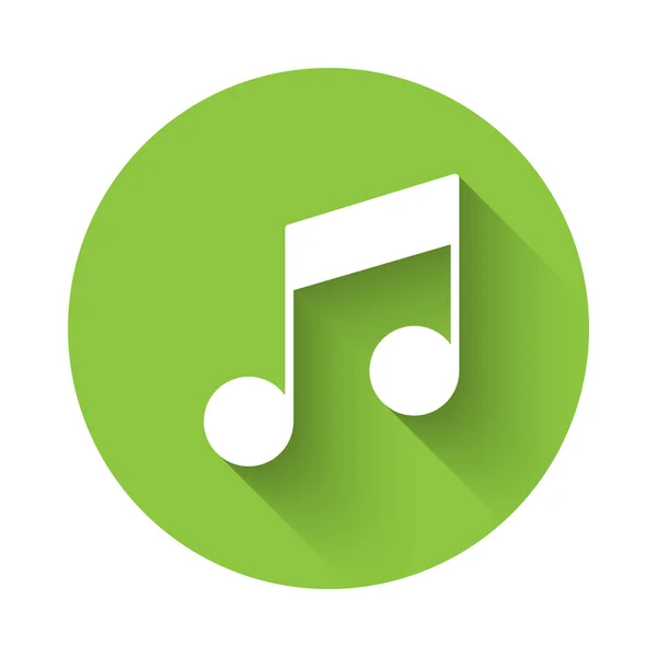 Biała Muzyka Dźwięk Ikony Izolowane Długim Cieniem Zielony Przycisk Koła — Wektor stockowy