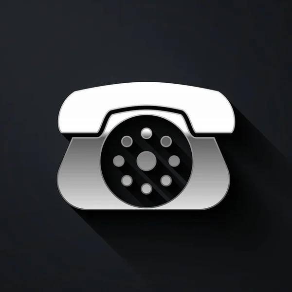 Silbernes Telefon Symbol Isoliert Auf Schwarzem Hintergrund Festnetztelefon Langer Schatten — Stockvektor