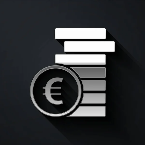 Zilveren Muntgeld Met Euro Symbool Pictogram Geïsoleerd Zwarte Achtergrond Bancaire — Stockvector