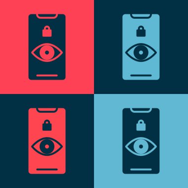 Pop Art Eye göz tarama simgesi renk arkaplanında izole edildi. Göz taraması yapılıyor. Güvenlik kontrol sembolü. Siber göz işareti. Vektör İllüstrasyonu.