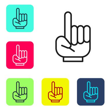 Siyah çizgi bir numaralı fan eldiveni, parmak kaldırma simgesi beyaz arka planda izole. Yarışmalarda takım desteğinin sembolü. Renkli kare düğmelerle simgeleri ayarla. Vektör İllüstrasyonu.