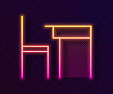 Parlayan neon çizgili okul masası ve siyah arka planda izole edilmiş sınıf ikonu başkanı. Okul masası. Vektör İllüstrasyonu.