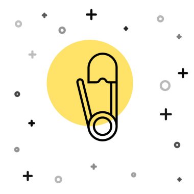 Siyah çizgi klasik kapalı çelik güvenlik iğnesi simgesi beyaz arka planda izole edilmiş. Rastgele dinamik şekiller. Vektör İllüstrasyonu.