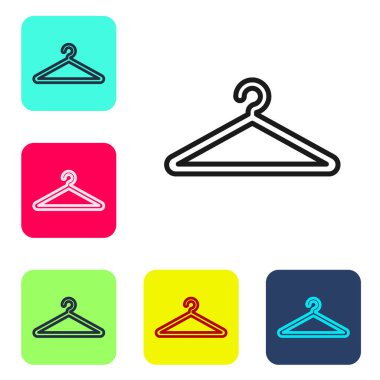 Siyah çizgi elbise askısı ikonu beyaz arka planda izole edildi. Vestiyer ikonu. Kıyafet servis sembolü. Çamaşır askı tabelası. Renkli kare düğmelerle simgeleri ayarla. Vektör İllüstrasyonu.