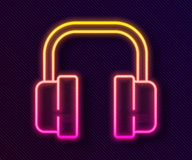 Parlayan neon hattı kulaklık simgesi siyah arkaplanda izole edildi. Müşteri hizmetleri, yardım hattı, çağrı merkezi, faq, bakım. Vektör İllüstrasyonu.