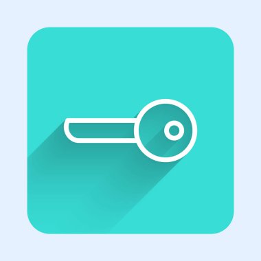 Beyaz çizgi anahtar simgesi uzun gölgeyle izole edildi. Yeşil kare düğmesi. Vektör İllüstrasyonu.