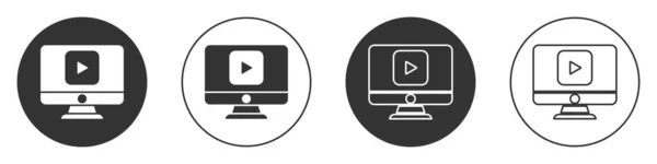 Черный Онлайн Играть Видео Значок Изолирован Белом Фоне Компьютерный Монитор — стоковый вектор