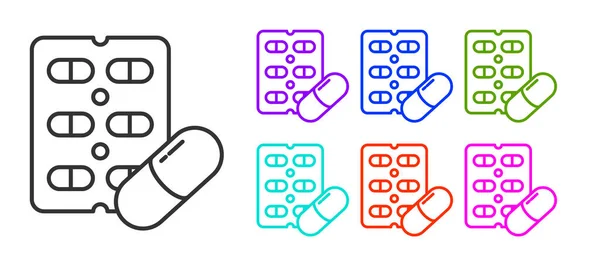 Schwarze Linie Pillen Blisterverpackung Symbol Isoliert Auf Weißem Hintergrund Medikamentenpaket — Stockvektor