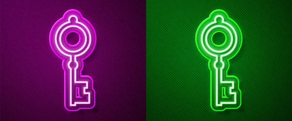 Leuchtende Leuchtschrift Altes Schlüsselsymbol Isoliert Auf Violettem Und Grünem Hintergrund — Stockvektor