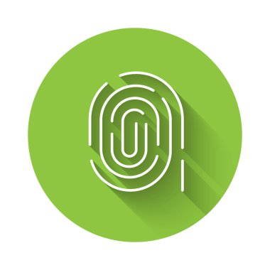 Beyaz Parmak izi simgesi uzun gölgeyle izole edildi. Kimlik uygulaması simgesi. Kimlik işareti. Kimliğe dokun. Yeşil daire düğmesi. Vektör.