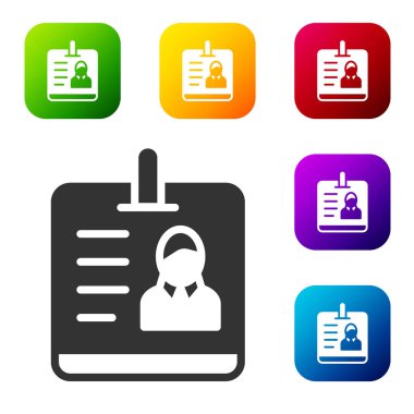 Beyaz arka planda siyah kimlik simgesi izole edildi. Sunum için, şirketin kimliği için, reklam için kullanılabilir. Renkli kare düğmelerle simgeleri ayarla. Vektör.