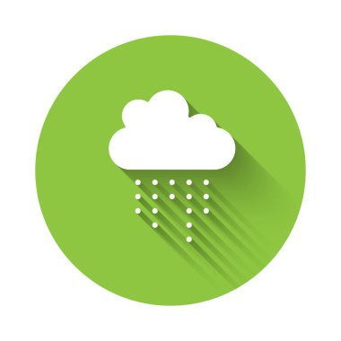 Uzun gölgeli, ikonlu beyaz bulut. Yağmur damlaları ile yağmur bulutu yağışı. Yeşil daire düğmesi. Vektör.