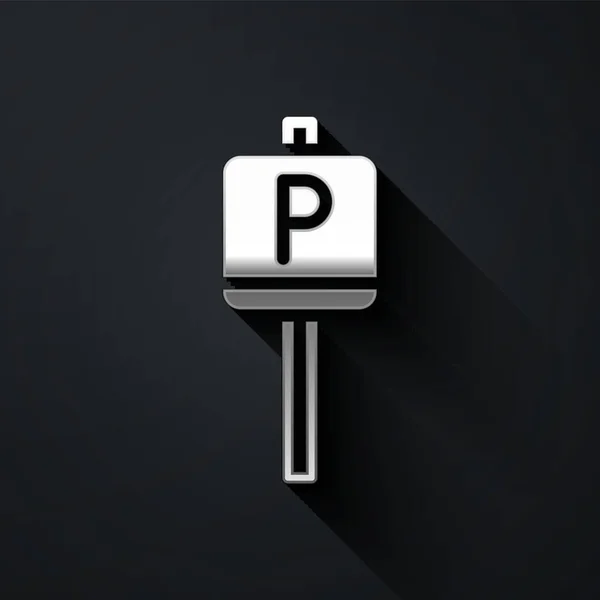 Silver Parking Icoon Geïsoleerd Zwarte Achtergrond Straatbord Lange Schaduw Stijl — Stockvector