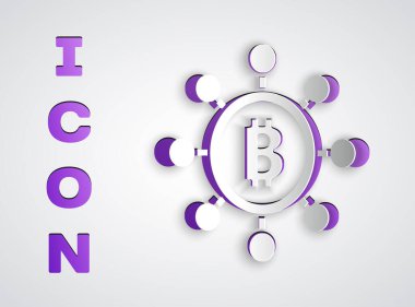 Kağıt kesiği engelleme teknolojisi Bitcoin simgesi gri arka planda izole edildi. Soyut geometrik blok zincir ağ teknolojisi işi. Kağıt sanatı tarzı. Vektör.