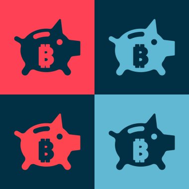 Pop Art Piggy Bankası bitcoin simgesi renk arkaplanında izole edildi. Tasarruf ya da para birikimi, yatırım. Vektör.
