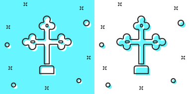 Siyah çizgi Hıristiyan ikonu yeşil ve beyaz arka planda izole edildi. Kilise haçı. Rastgele dinamik şekiller. Vektör.