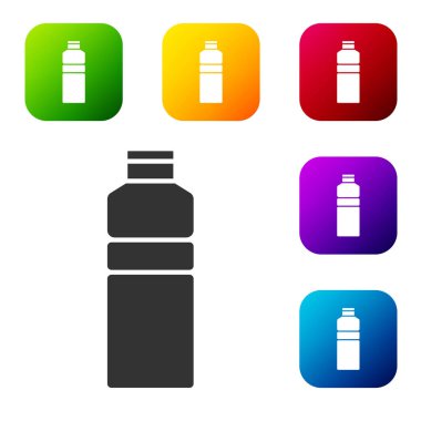 Beyaz arkaplanda siyah fitness sallama simgesi izole edildi. Su ve protein kokteylleri için kapaklı spor karıştırıcı şişesi. Renkli kare düğmelerle simgeleri ayarla. Vektör.