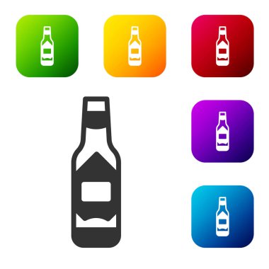 Beyaz arkaplanda siyah Tabasco sosu ikonu var. Kırmızı biberli baharatlı biber sosu. Renkli kare düğmelerle simgeleri ayarla. Vektör.