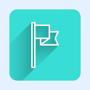 Beyaz çizgi bayrak simgesi uzun gölgeli izole edildi. Yer belirleyici sembol. Yeşil kare düğmesi. Vektör.