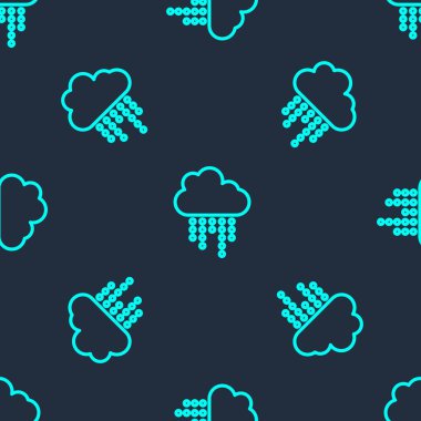 Yağmur ikonlu yeşil çizgi bulutu mavi arka planda izole edilmiş pürüzsüz desen. Yağmur damlaları ile yağmur bulutu yağışı. Vektör.