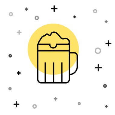 Beyaz arka planda siyah çizgi ahşap bira kupası ikonu var. Rastgele dinamik şekiller. Vektör.