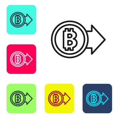 Siyah çizgi kripto para birimi Bitcoin simgesi beyaz arka planda izole edildi. Madeni para. Engelleme zinciri tabanlı şifreli para birimi. Renkli kare düğmelerle simgeleri ayarla. Vektör.