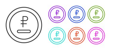 Siyah çizgi rublesi, ruble para ikonu beyaz arka planda izole edilmiş. Rus sembolü. Simgeleri renklendirin. Vektör.