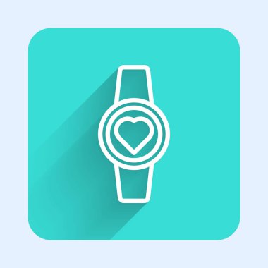 Beyaz çizgi Smartwatch simgesi uzun gölgeli izole edilmiş. Yeşil kare düğmesi. Vektör.