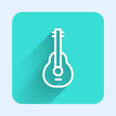 Beyaz çizgili Meksika gitar ikonu uzun gölgeli. Akustik gitar. Telli müzik aleti. Yeşil kare düğmesi. Vektör.